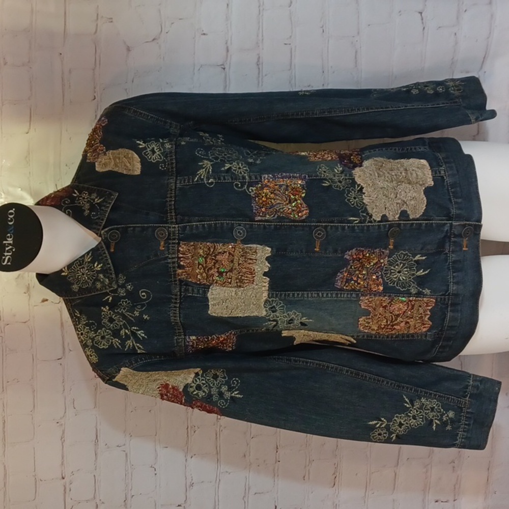 Chico Y2K Patch Work  Chunky Floral  Embroidery Denim Jean  Jacket 0 =M /L